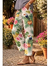baratos Graphic Pants-Women's Slacks Straight Vacation Casual Full Length Natural Floral Graphic Tropical Pocket Printing Elastic Drawstring Design Comfy Comfort Comfortable Micro-elastic Outdoor Vacation Street White