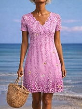 abordables Vestido Floral-Mujer Mini vestido Vestido estilo camiseta Vestido de una línea Vestido de verano Casual Diario Playa Festivos Ajuste regular Floral Graphic Manga Corta Cuello con muescas. Azul Piscina Rosa Morado