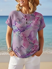  Pentru femei Tricou Imprimeu Nasturi de piept Imprimare de marmură Stilat Modern Casual Manșon scurt Henley Topuri obișnuite Zilnic Albastru piscină Galben Mov Trifoi Vară Primăvară