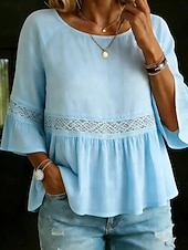 economico Bluse Semplici-Per donna Blusa Volant Traforato Tinta unica Lussuoso Casual Manica 3/4 Girocollo Top Regolari Quotidiano Bianco Giallo Verde chiaro Rosa Viola chiaro Estate Primavera Autunno