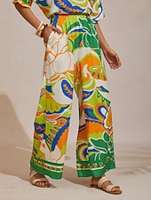 お買い得  パンツ-ボヘミアン風ペイズリー柄シルクサテンのワイドレッグパンツ