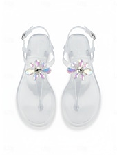 baratos Mulheres-Women's Elegant White Jelly Sandals - Waterproof T-Strap Flip Flops with 3D Flower &amp; Sparkling Rhinestone Decor for Beach Vacations, Summer Weddings &amp; Resort Wear