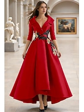 baratos Vestidos de Festa em A-Linha A Longo Vestido formal Vestidos de noite Elegante Manga Longa Decote V Carnaval Formal Bolsos Cetim com Miçangas Apliques