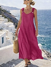 cheap Dresses-Women's Maxi Dress Linen-feel Dresses A Line Dress Summer Dress Casual Daily Loose Fit Plain Sleeveless V Neck Blue Black White Yellow Summer