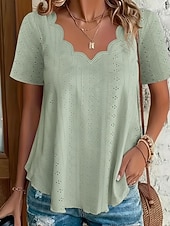 cheap Plain Blouses-Women's Pointelle Shirt Eyelet Top Blouse Eyelet Plain Active Basic Casual Short Sleeve V Neck Regular Tops Casual Daily Beach Black White Yellow Pink Wine Summer Spring