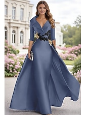 cheap Ball Gown Evening Dresses-A-Line Floor Length Evening Gown Elegant 3/4 Length Sleeve Shirt Collar Formal Satin with Appliques