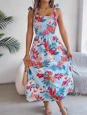 cheap Casual Floral Dresses-Women's Midi Dress Beach Dress A Line Dress Floral Dress Slip Dress Elegant Fashion Modern Outdoor Beach Vacation Regular Fit Floral Sleeveless Square Neck Blue Yellow Green Summer Spring