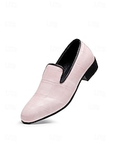 tanie Loafery-Męskie jasnoróżowe mokasyny z wytłoczonym wzorem krokodyla, minimalistyczny, wsuwany design, wyrafinowany, elegancki styl, idealne na wesela i formalne wyjścia