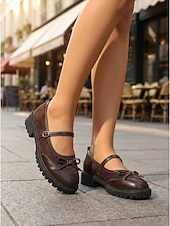 voordelige Platte damesschoenen-Vintage bruine Mary Jane ballerina's voor dames - comfortabele ballerina's met ronde neus en een schattig strikje. &amp;Stevige profielzool voor kantoorwerk en dagelijkse vrijetijdskleding. &amp;schoolmode