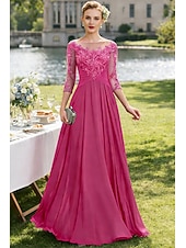 economico Lunghezza del pavimento-Linea ad A Lunghezza al pavimento Abito da invitata a nozze Abito Formale Abito da sera Abito da cerimonia per signora Manica 3/4 Collo gioiello Elegante Ricevimento di matrimonio Chiffon Pizzo con