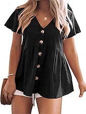 preiswerte Hemden-Damen Hemd Baumwolle Gerafft Patchwork Knöpfe Einfach Elegant Urlaub Stilvoll Kurzarm V Ausschnitt Normale Oberteile Täglich Strand Ferien Schwarz Hellgrün Rosa Rote Violett Sommer Frühling