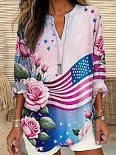  Amerikanischer Unabhängigkeitstag Damen Bluse Druck Pullover Grafik Flagge Vintage Tropisch Hawaiianisch Langarm V Ausschnitt Normale Oberteile Täglich Ferien Strandbekleidung Rosa Sommer Frühling