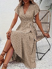 זול שמלות פרחוניות יומיומיות-בגדי ריקוד נשים שמלת מידי שמלת קז'ואל שמלת מעטפת שמלה פרחונית אלגנטית אופנתי מודרני בָּחוּץ חופשה ליציאה רגיל פרחוני שרוולים קצרים צווארון V שחור צהוב ורוד מסמיק אודם קיץ אביב