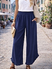  Mulheres Calças de linho de algodão Perna larga chinês Férias Roupa de rua Básico Comprimento total Cintura Média Tecido Bolsos Cintura elástica Confortável Respirável Sem Elasticidade Diário Ao ar