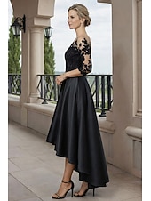 halpa Nilkkapituus-A-linja Epäsymmetrinen Polven yli Juhlamekko Coctail-asu Häävieraspuku Morsiammen äidin asu 3/4 hiha Kauha Tyylikäs Lyhyt ja matala Häävieras Syntymäpäivä Satiini Pitsi kanssa Laskokset Applikaatiot