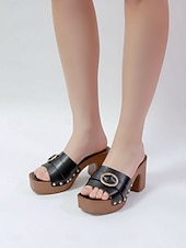 economico Infradito scivolosi-Sandali neri da donna con tacco grosso e fibbia – comodi sandali con plateau e punta aperta, ideali per occasioni casual, feste in giardino e per tutti i giorni.