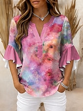 economico Bluse Floreali-Per donna Blusa Volant Stampato Floreale Grafico Vintage Quotidiano Elegante Manica 3/4 Scollo a V Top Regolari Quotidiano Ferie Abbigliamento da vacanza Blu Giallo Rosa Verde Estate Primavera