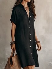 cheap Dresses-Women's Mini Dress Linen-feel Dresses Shift Dress Summer Dress Casual Daily Loose Fit Plain Short Sleeve Lapel Blue Black Wine Army Green Summer Spring Fall