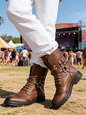 abordables Hombres-Botas de combate marrones para hombre con cordones, cremallera lateral y detalle de cadena. Botines para festivales de música, conciertos, eventos al aire libre, estilo urbano, fiestas y un estilo robusto y llamativo.