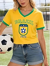  Maglietta da Donna World Soccer Match 2026 Stampa Grafica Squadra di Calcio Elegante Casual Maniche Corte Collo a V Regular Top Giornalieri Blu Bianco Giallo Blu Reale Verde Estate Primavera