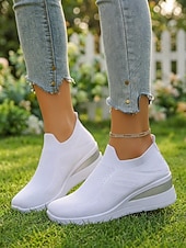 ieftine Femei-Teniși slip-on albi tricotați cu platformă pentru femei – pantofi sport ușori și respirabili, pentru activități în aer liber, plimbări, călătorii și purtare zilnică