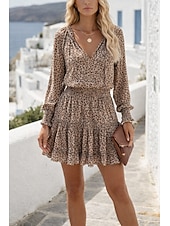 preiswerte Lässige Blumenkleider-Damen Blumen Leoparden Rüschen Rüschen Minikleid V-Ausschnitt Alltag Urlaub Langarm Sommer Frühling