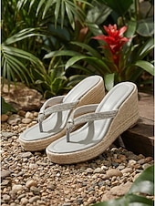 tanie Sandały na koturnie-Eleganckie, jasnoszare sandały damskie na koturnie – błyszczące paski z kryształkami i plecioną platformą espadryli, idealne na imprezy plenerowe i przyjęcia w tropikalnym ogrodzie &amp;wakacje letnie