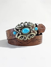 olcso Női öv-női bohém műbőr türkiz öv, fekete és barna western vintage deréköv gravírozott pánttal és díszes csattal hétköznapi viseletre, utazáshoz, nyaraláshoz és üdülőhelyi stílushoz