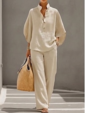 baratos Conjuntos Co-ord Falsos Essenciais-Mulheres Conjuntos de linho de algodão Manga 3/4 Colarinho Chinês Côr Sólida Diário Angustiado Casual Diário Preto Amarelo Vinho Verão Ajuste Largo