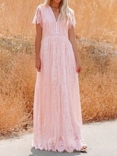 cheap White Lace Dresses-Women's Maxi Dress White Lace Dress Elegant Fashion Modern Outdoor Vacation Going out Regular Fit Plain Short Sleeve V Neck White Summer Spring