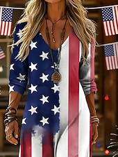  Uavhengighetsdag Dame Maxikjole Vintage kjole Uformell kjole Årgang Daglig utendørs Feriereise Normal Amerikansk flagg Langermet V-hals Rød Sommer Vår Høst