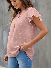 abordables T-shirt uni-Femmes Chemisier A Volants Couleur Unie Élégant Occasionnel Manche Courte Col en V Hauts Réguliers Quotidien Bleu Noir Blanche Rose Claire Fuchsia Été Printemps