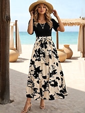 abordables Robes fleuries-Femmes Robe maxi Robe trapèze Occasionnel Extérieur Sortir Coupe régulière Fleuri Manche Courte Col Rond Abricot Été Printemps