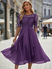 billiga Chiffongklänningar-Dam Midiklänning Chiffongklänningar Spetsklänning Cocktail klänning Bröllopsgästklänning Elegant Formell Fest Bröllop Normal Halvlång ärm Rund hals Rodnande Rosa Guld Grön Mörkblå Sommar