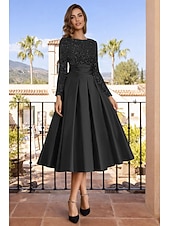 economico Abiti da cocktail-Linea ad A Lunghezza Tè Abiti da Cocktail Abiti da festa Elegante Brillanti Manica Lunga Girocollo Natale Ospite di nozze Raso Velluto con Pieghe Paillettes