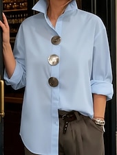 cheap Plain Blouses-Women's Blouse Buttons Solid Color Elegant Stylish Casual Long Sleeve Lapel Regular Tops Daily Blue Black White Pink Wine Spring Fall