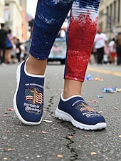 cheap Women Shoes-Women's Blue Patriotic Slip-On Sneakers – Lightweight Breathable Walking Shoes with American Flag Graphic Design for Casual Wear, Holiday Events, Travel and Outdoor Activities