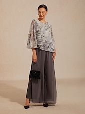  Femmes Hauts en mousseline de soie À lacets Fleuri Élégant Manche 3/4 Manche cloche Col ras du cou Quotidien robe demoiselle d honneur Gris Clair Été Printemps Automne