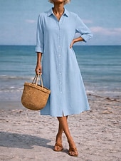 tanie Podstawowe sztuczne sukienki-Damskie Sukienka midi Sukienka koszulowa Codzienne sukienki Sukienka A line Sukienka z imitacji lnu Moda Podstawowy Nowoczesny Codzienny Urlop Wyjściowe Regularny Równina Długi rękaw Kołnierzyk