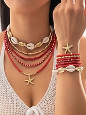 cheap Women's Necklace-Women's Multi-Layer Beaded Necklace and Bracelet Set with Starfish Pendant – Alloy Material, Bohemian Style, Colorful, Perfect for Vacation, Beach and Daily Casual Wear