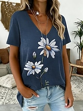 preiswerte Blumen-T-Shirt-Damen T Shirt Druck Blumen Grafik Vintage Stilvoll Klassisch Kurzarm V Ausschnitt Normale Oberteile Täglich Fitnessstudio Ausgehen Blau Sommer Frühling