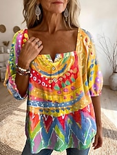 お買い得  花柄のブラウス-女性用 ブラウス プリント フラワー グラフィック 日常 スタイリッシュ ベーシック ハーフスリーブ スクエアネック レギュラートップス 日常 イエロー ピンク パープル オレンジ 夏 春