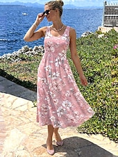 cheap Casual Dress-Women's Midi Dress Sundress A Line Dress Slip Dress Pleated Dress Vacation Casual Boho Beach Date Regular Fit Floral Graphic Sleeveless U Neck Pink Summer Spring