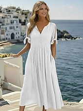 tanie Białe koronkowe sukienki-Damskie Sukienka midi Biała sukienka Sukienka A line Plisowana sukienka Zwykła sukienka Elegancja Moda Nowoczesny Codzienny Na zewnątrz Plaża Luźna Równina Krótki rękaw W serek Niebieski Czarny Biały