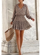 cheap Casual Floral Dresses-Women's Floral Leopard Ruched Ruffle V Neck Mini Dress Daily Vacation Long Sleeve Summer Spring