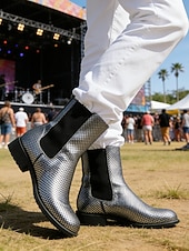 voordelige Heren-Metallic zilveren Chelsea boots voor heren met spitse neus, modieuze enkellaarsjes voor muziekfestivals, podiumoptredens, concerten, feestjes, streetstyle en opvallende mode-looks.