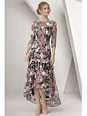 cheap Ankle Length-A-Line Dress High-low Dress Ankle Length Cocktail Dress Mother of the Bride Dress 3/4 Length Sleeve Boat Neck Elegant Simple Formal Wedding Guest Semi Formal with Ruffles Embroidery Appliques