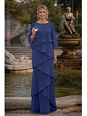 preiswerte Bodenlänge-Schlauchkleid Bodenlang Kleid für Hochzeitsgäste Abendkleid Brautmutterkleid Dreiviertelarm Rundhalsausschnitt Elegant Formell Chiffon mit Rüschen