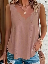 cheap Plain Tank-Women's Texture Blouse Eyelet Top Pointelle Tee Blouse Hollow Out Plain Casual Sleeveless V Neck Regular Tops Casual Daily Beach Blue Black White Yellow Pink Summer Spring