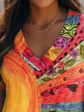 preiswerte Boho-T-Shirt-Damen T Shirt Druck Blumen Grafik Farbblock Vintage Lässig Boho Kurzarm V Ausschnitt Normale Oberteile Täglich Orange Sommer Frühling
